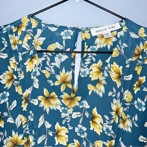 Amour Vert Size Large Teal floral Midi Silk Dress - Picture 4 of 7